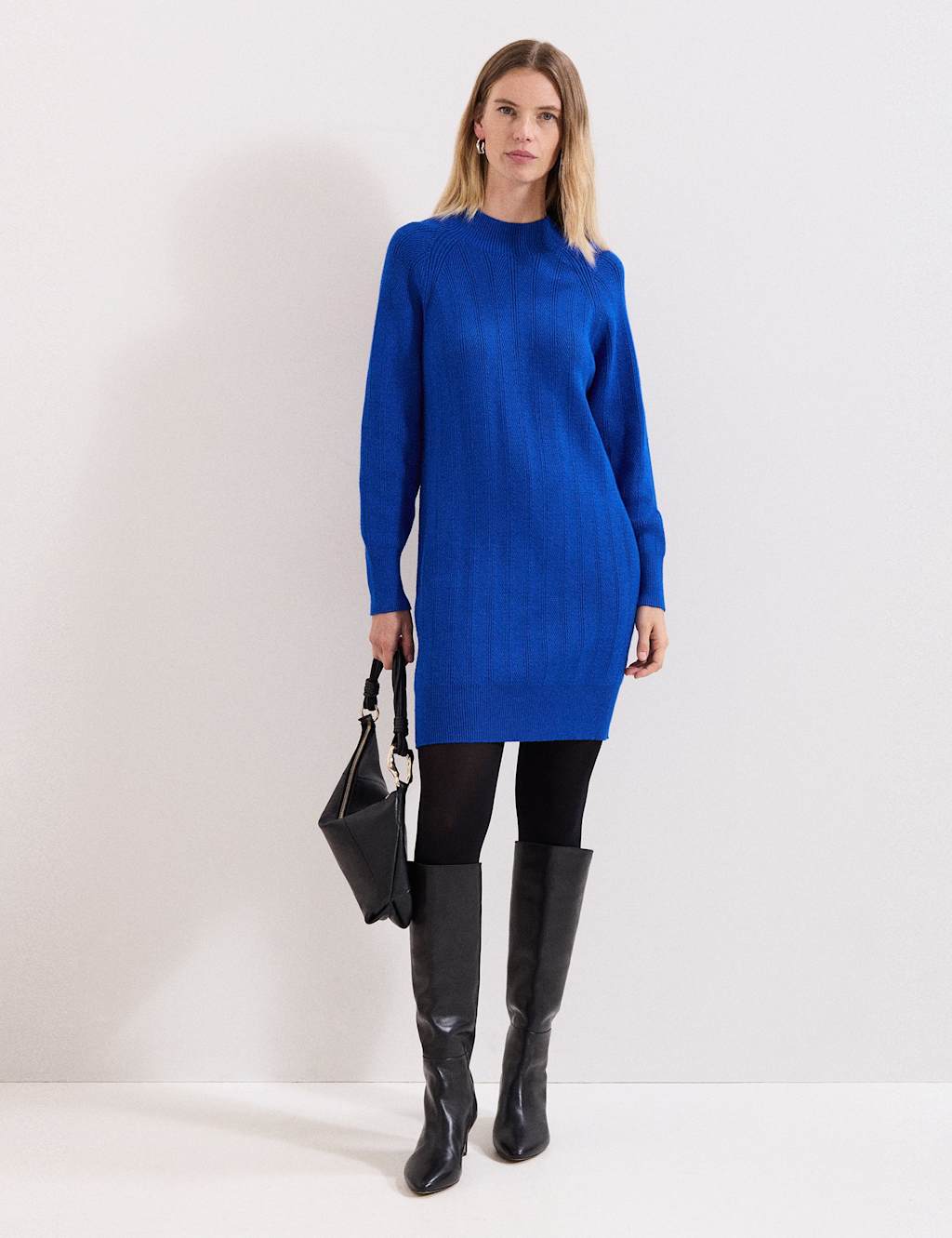 Phase Eight Knitted Textured Round Neck Mini Jumper Dress Blue