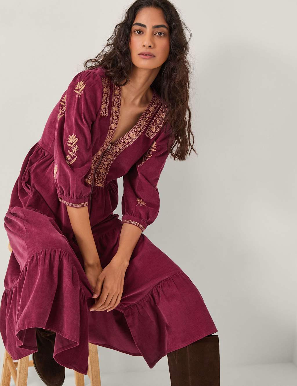 Monsoon Pure Cotton Midi Waisted Dress Cherry Red