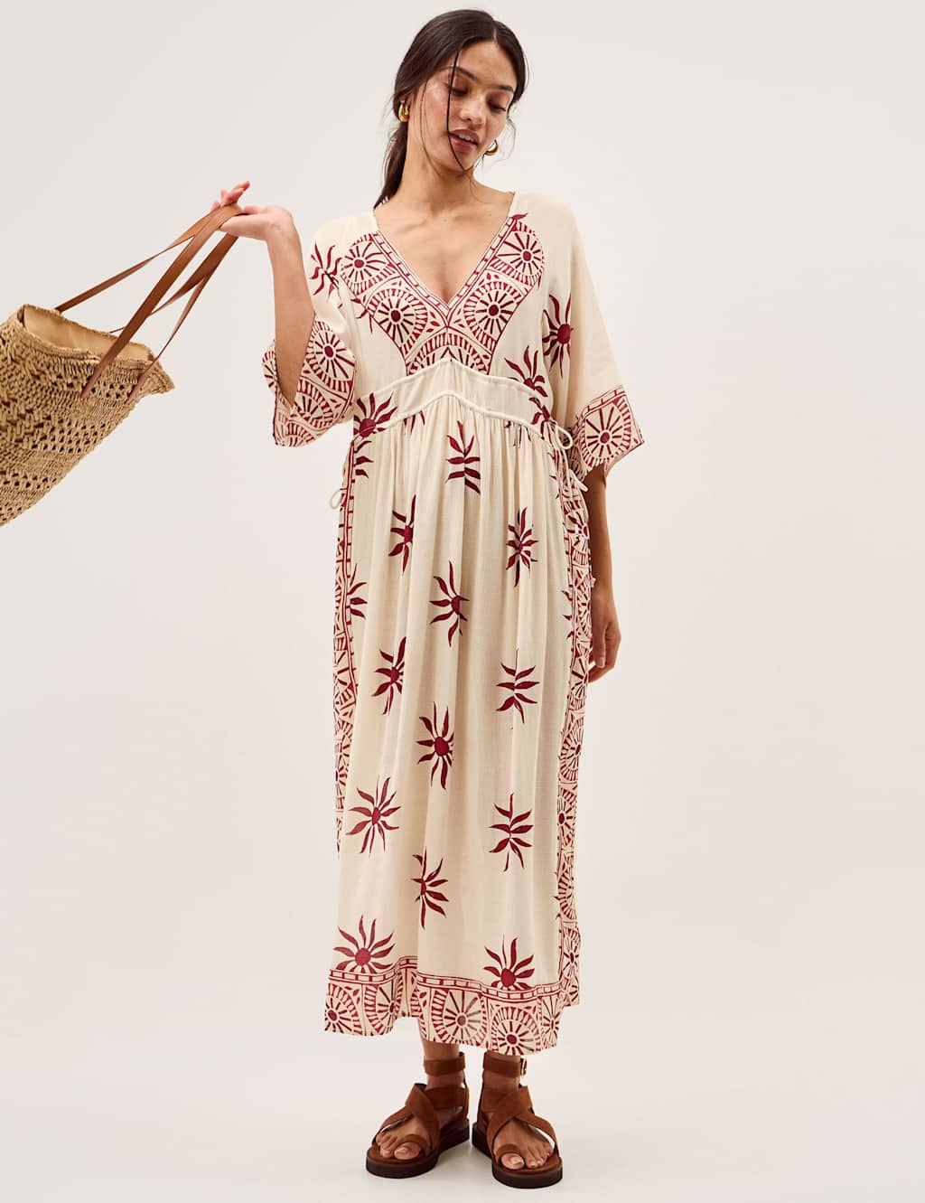 Monsoon Women's Printed V-Neck Midi Beach Dress - Small - Ivory Mix - Available at M&S