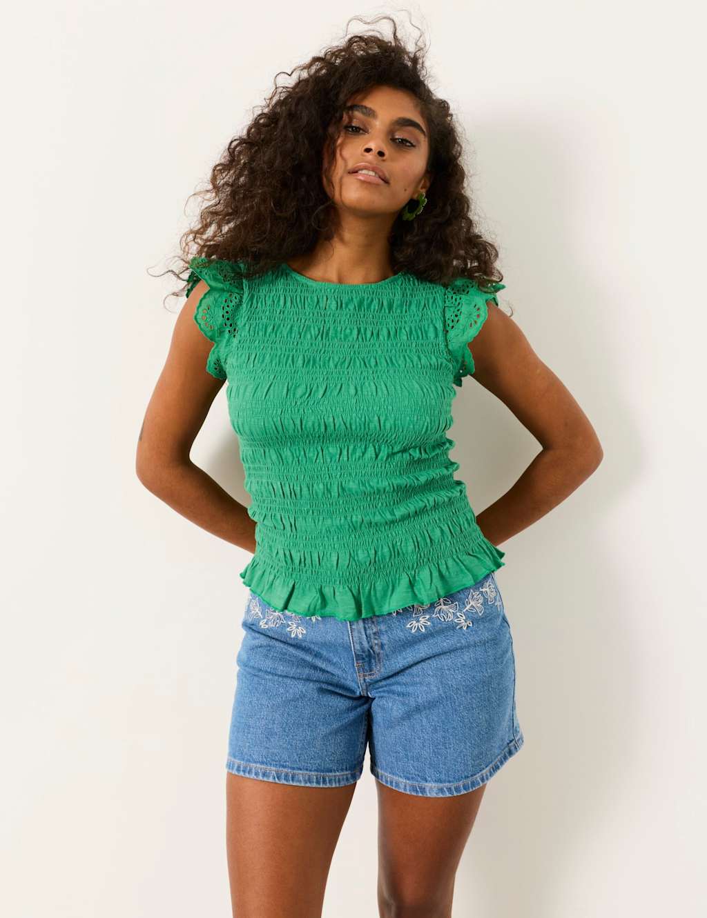 Fatface Women's Pure Cotton Shirred Frill Sleeve Top - 20 - Green - Available at M&S