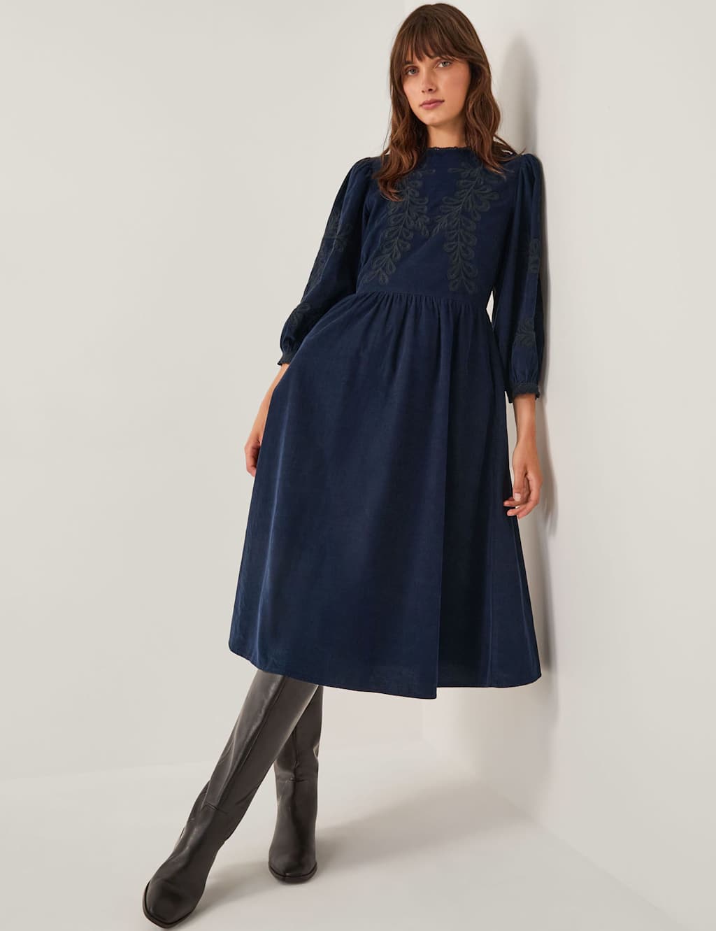 Monsoon Cord Embroidered Midi Skater Dress Navy
