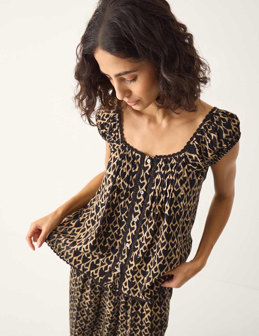 Monsoon Women's Geometric Square Neck Button Through Top - Extra Large - Black Mix - Available at M&S