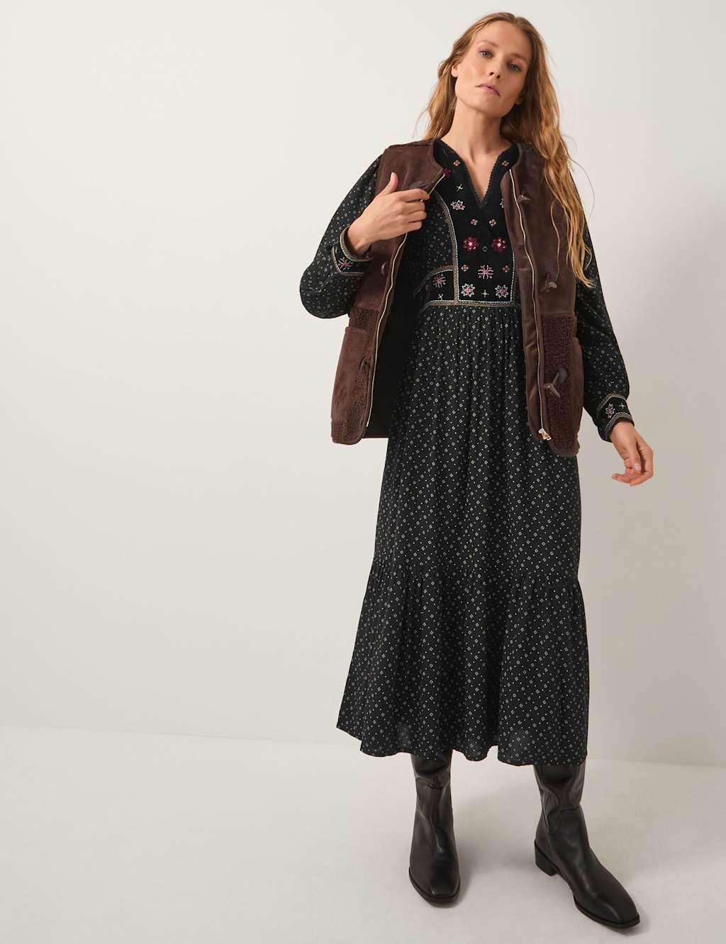 Monsoon Printed Embroidered Midi Tiered Dress Black