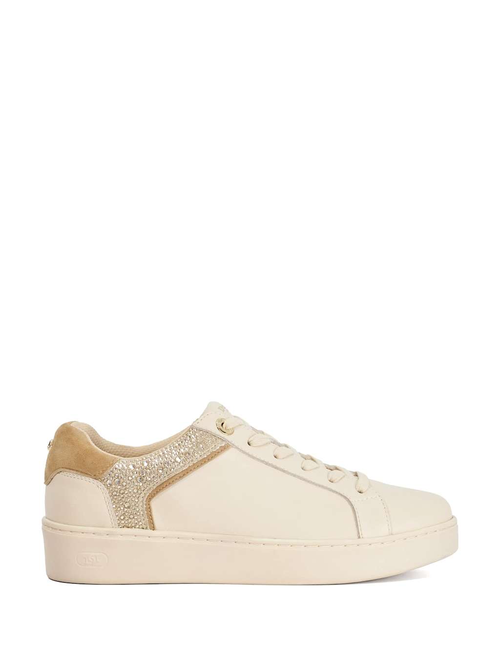 Dune London Leather Lace Up Sparkle Cupsole Trainers Cream