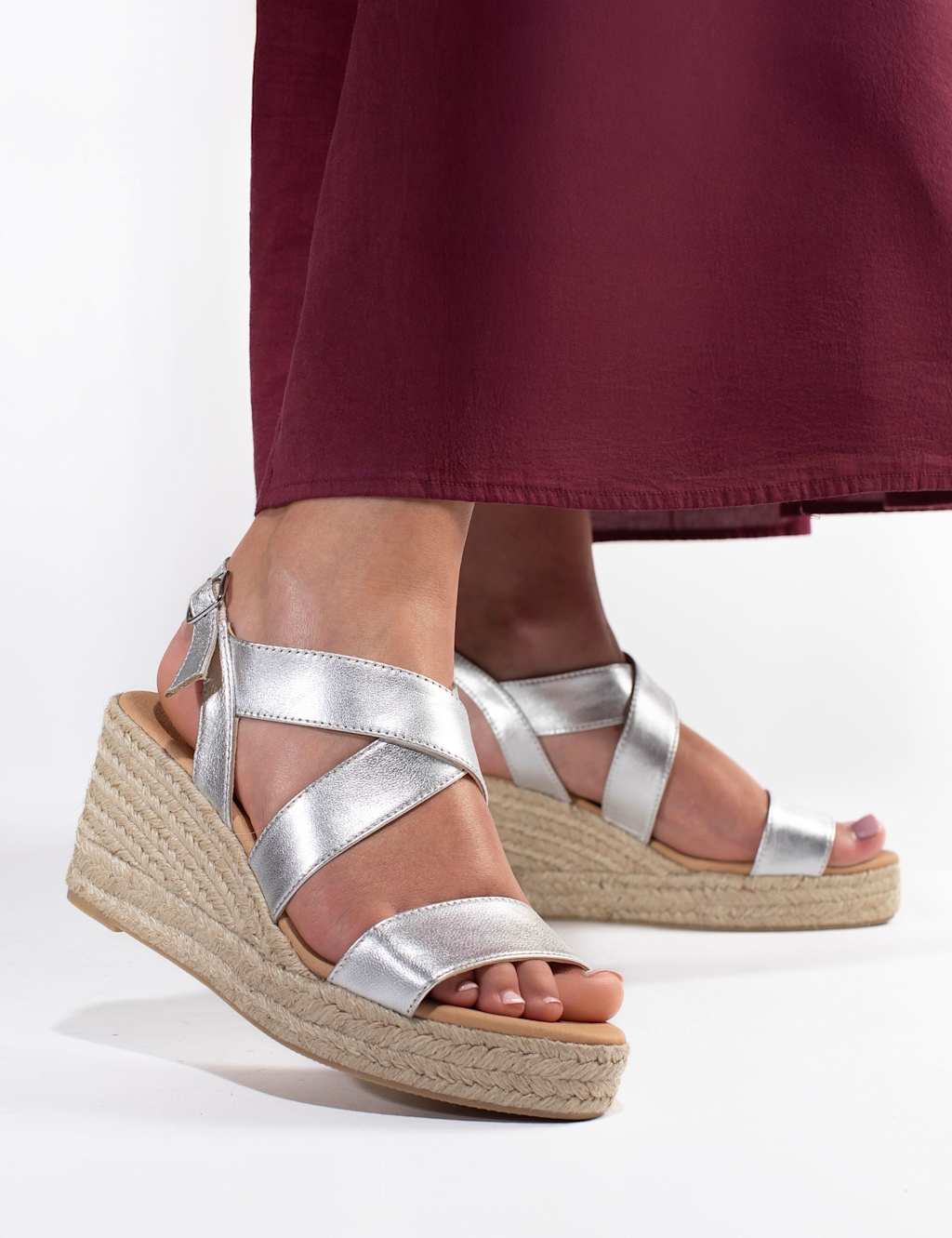 Jones Bootmaker Women's Leather Metallic Wedge Espadrille Sandals - 5 - Silver - Available at M&S