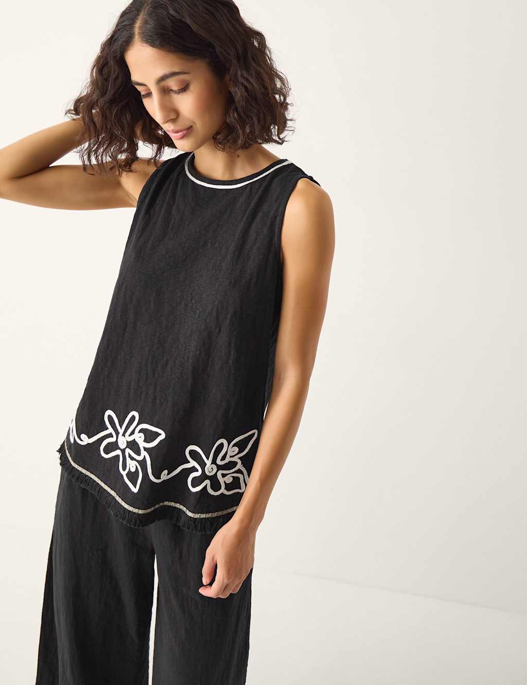 Monsoon Women's Pure Cotton Floral Embroidered Tassel Top - Large - Black Mix - Available at M&S