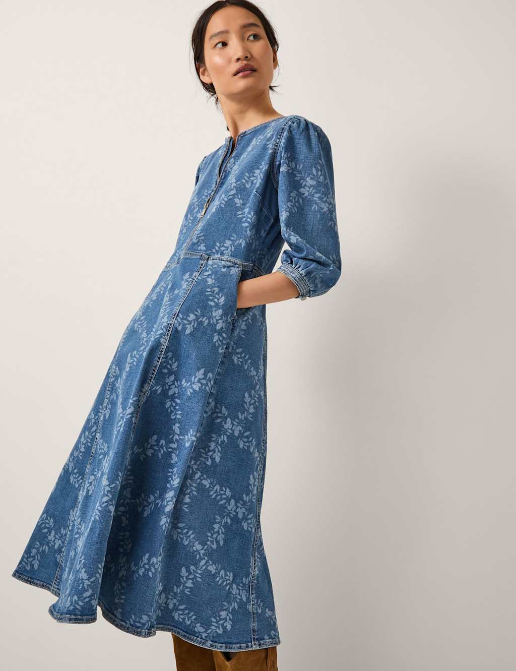 Monsoon Cotton Rich Floral Midi Skater Dress Blue Denim