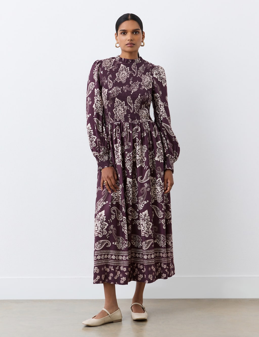 Printed Shirred Midi Smock Dress