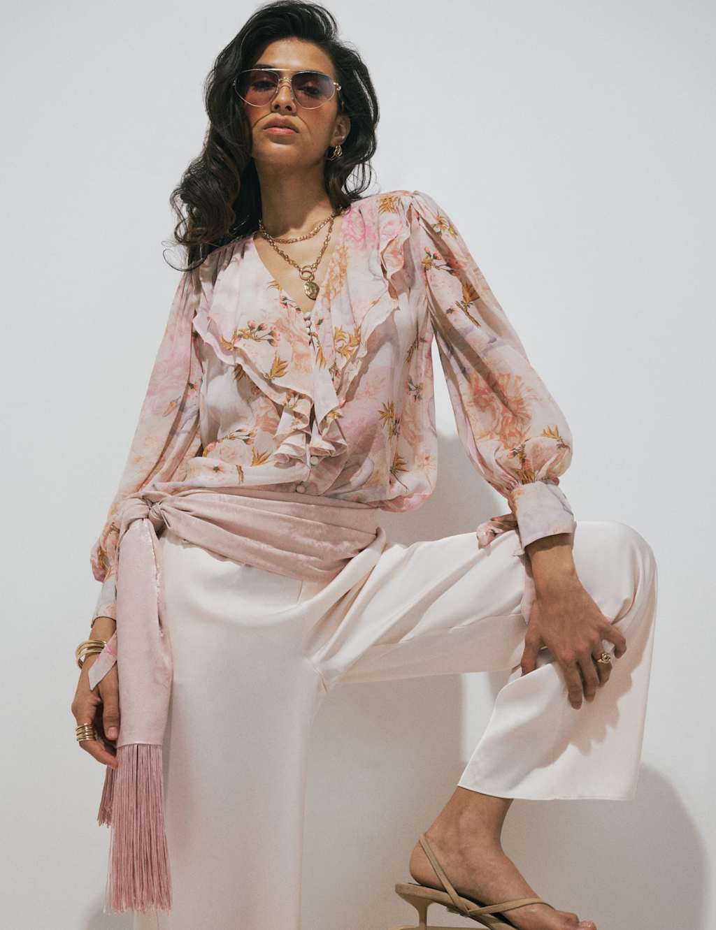 River Island Women's Floral Ruffle Detail Blouse - 12 - Beige Mix - Available at M&S