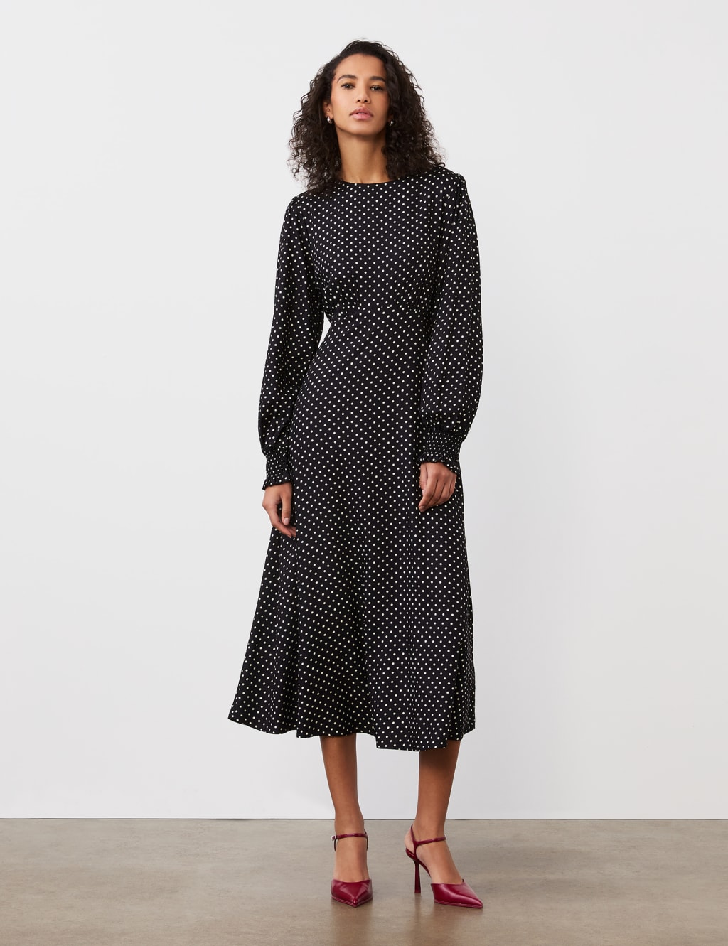 Polka Dot Blouson Sleeve Midi Waisted Dress