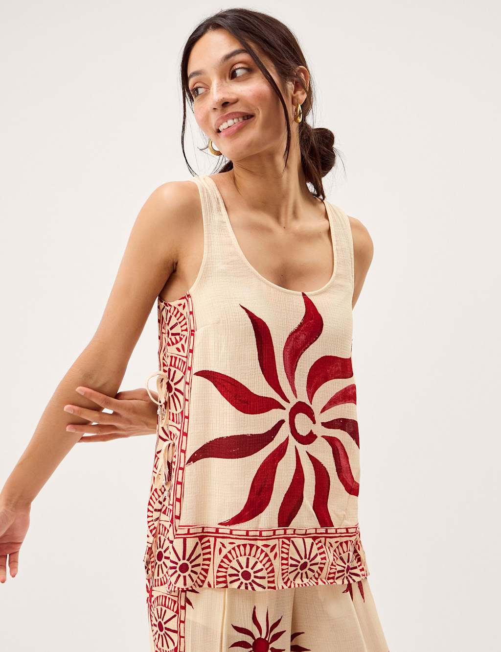 Monsoon Women's Sun Print Bead Tie Side Cami Top - Medium - Ivory Mix - Available at M&S