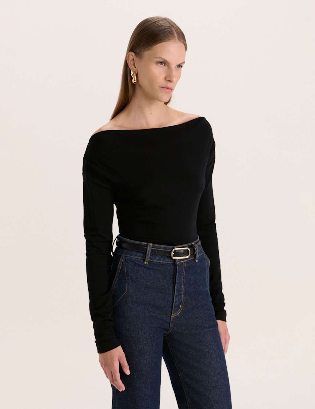 SABA Pure Merino Wool Boat Neck Top Black