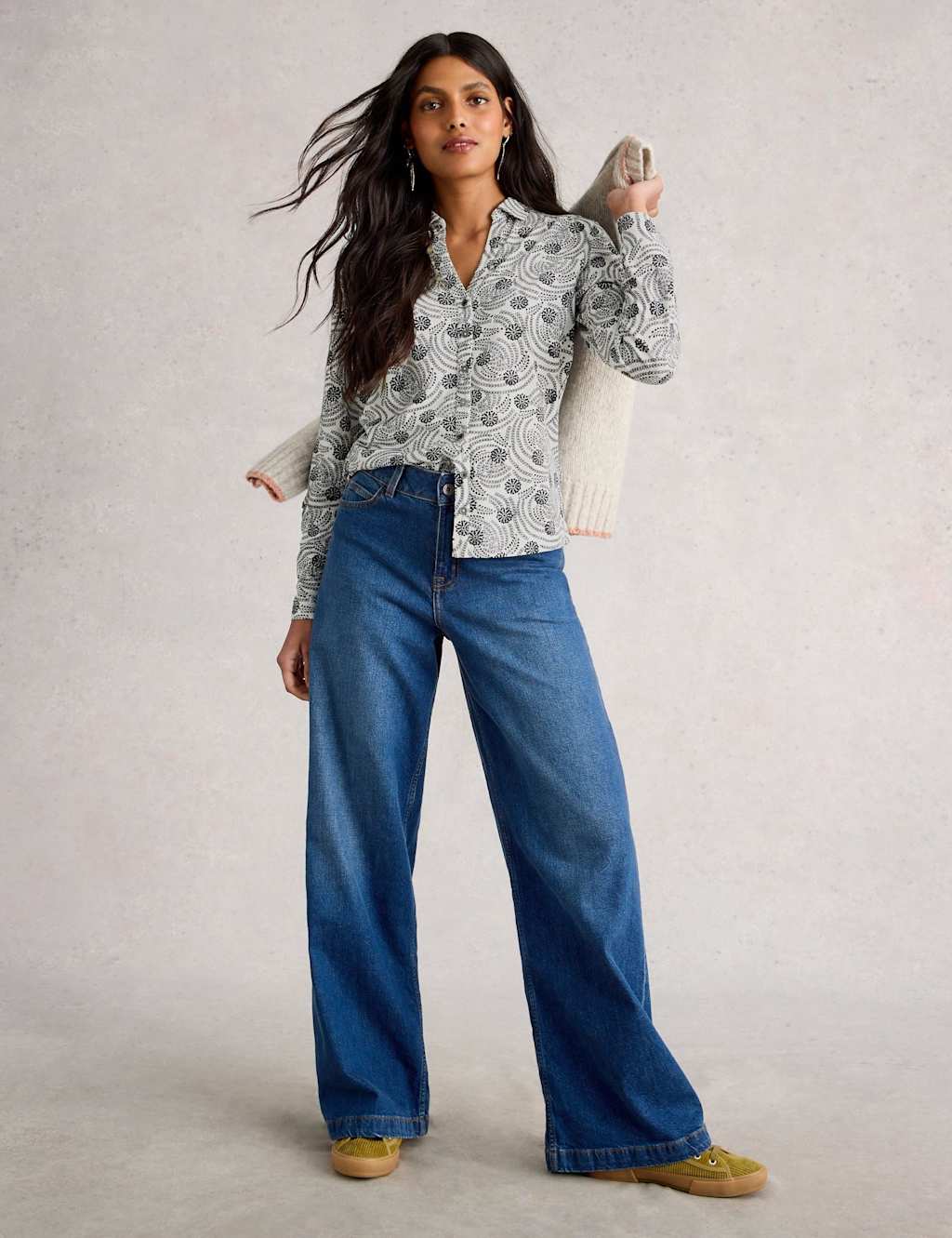 White Stuff Pure Cotton Floral V-Neck Collared Shirt White Mix