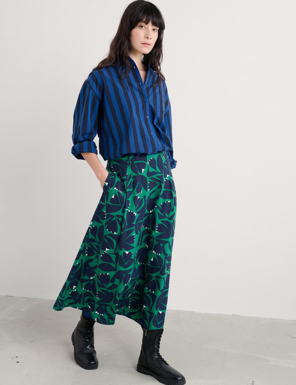 Floral Midi A-Line Skirt with Linen