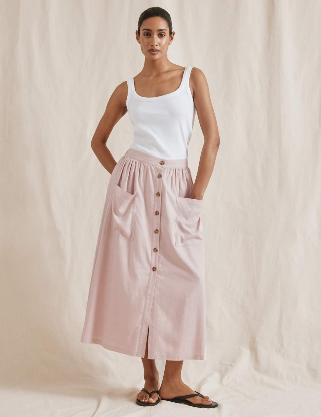 Linen Blend Button Front Midi A-Line Skirt