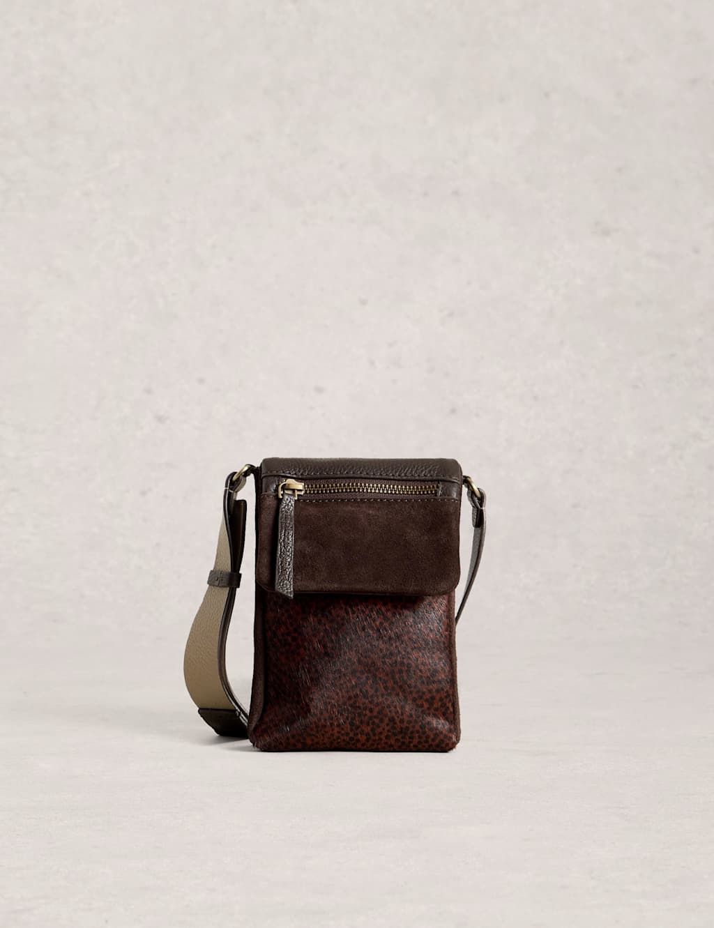 White Stuff Leather Zip Detail Cross Body Phone Bag Brown Mix