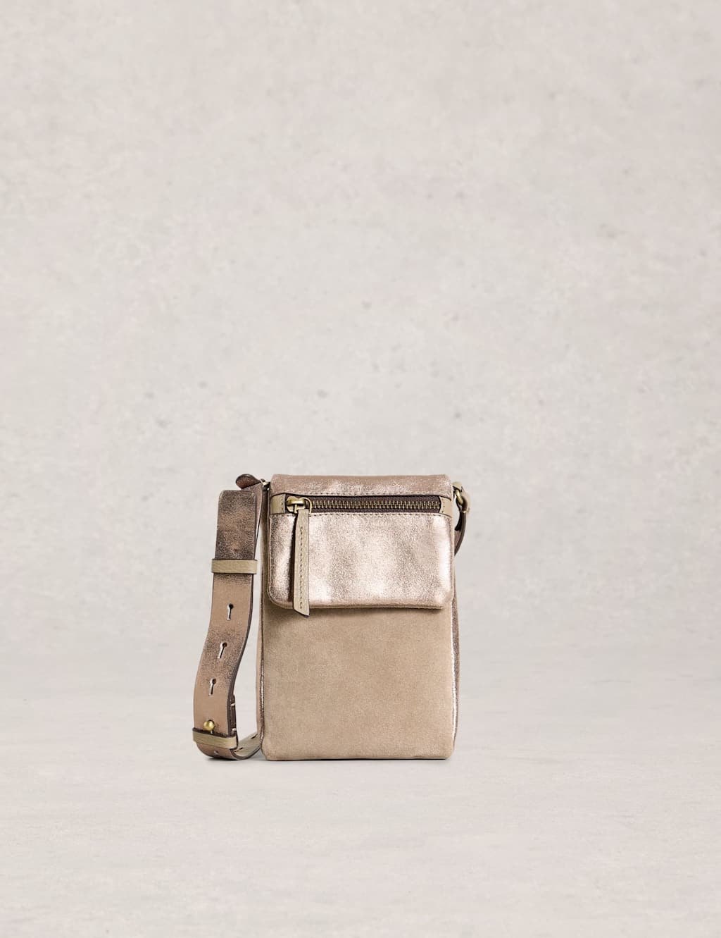 White Stuff Leather Zip Detail Cross Body Phone Bag Gold