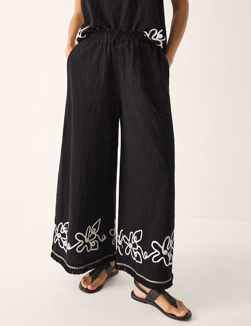 Monsoon Women's Pure Cotton Embroidered Wide Leg Trousers - Large - Black Mix - Available at M&S