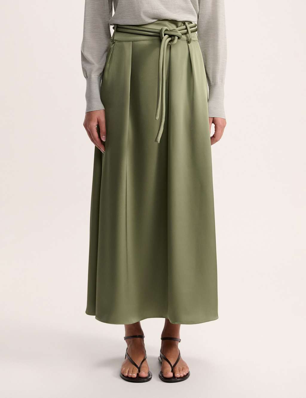 SABA Belted Midi A-Line Skirt Olive