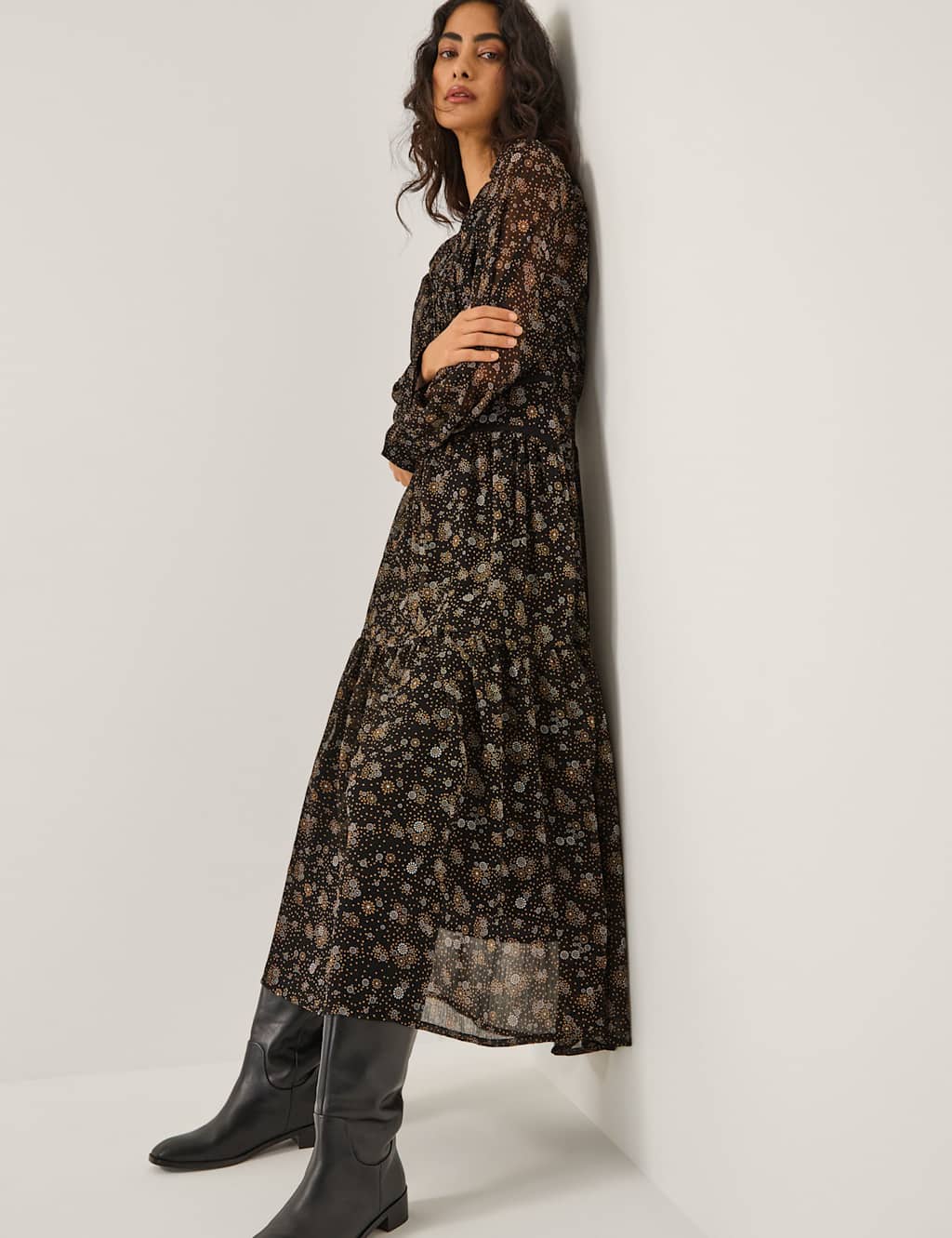 Monsoon Printed Midi Waisted Dress Black