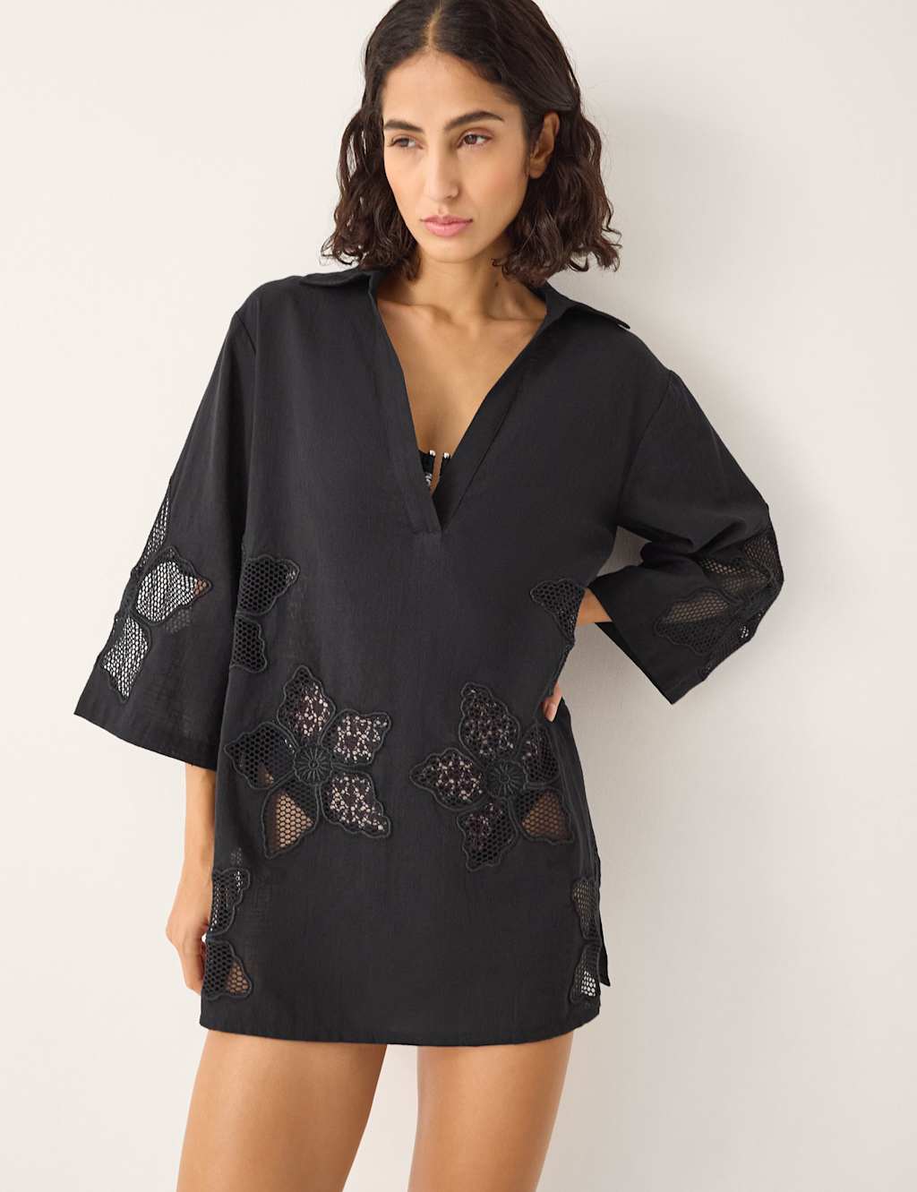 Monsoon Women's Pure Cotton Embroidered Beach Cover Up Shirt - Large - Black - Available at M&S