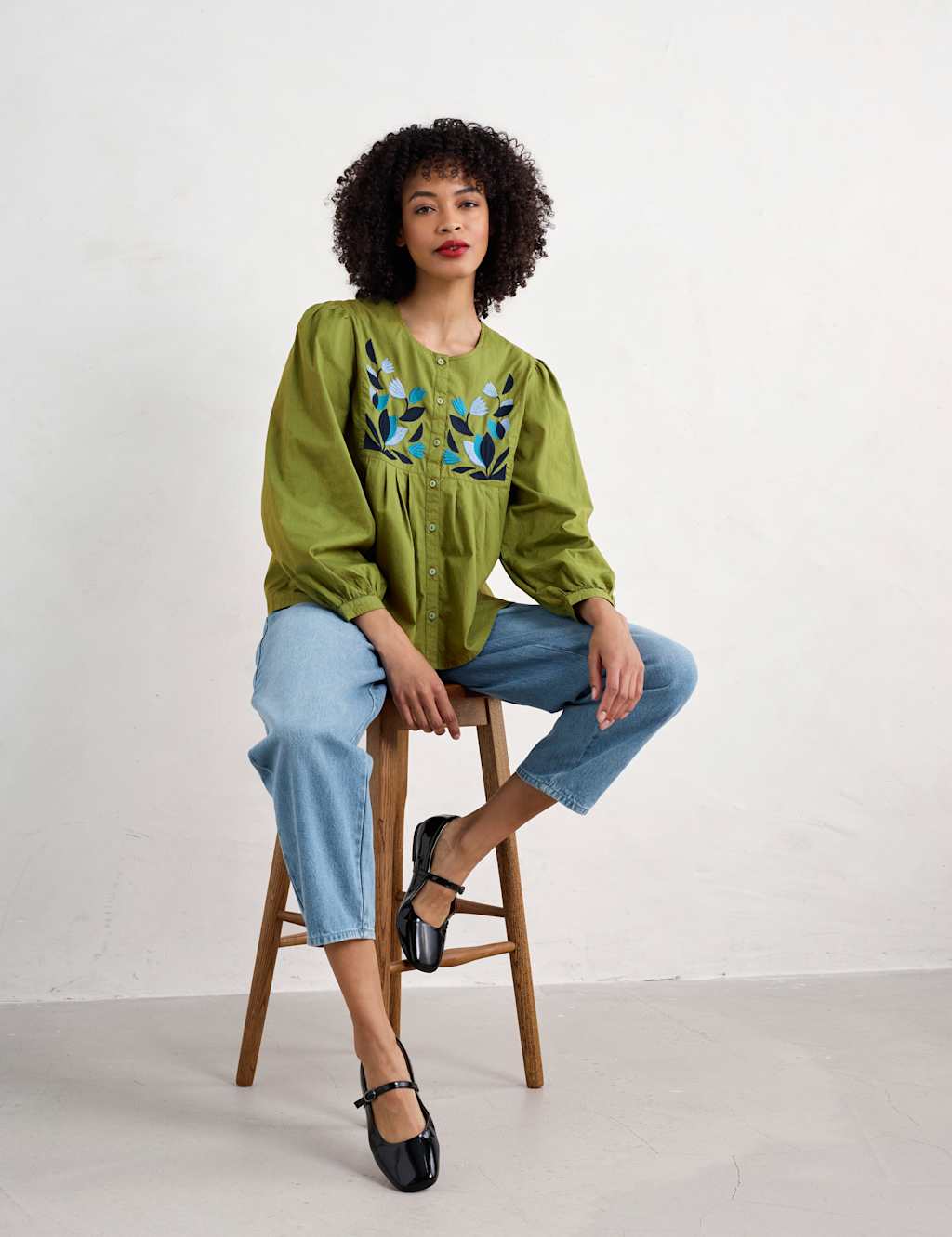 Pure Cotton Embroidered Pleat Detail Shirt