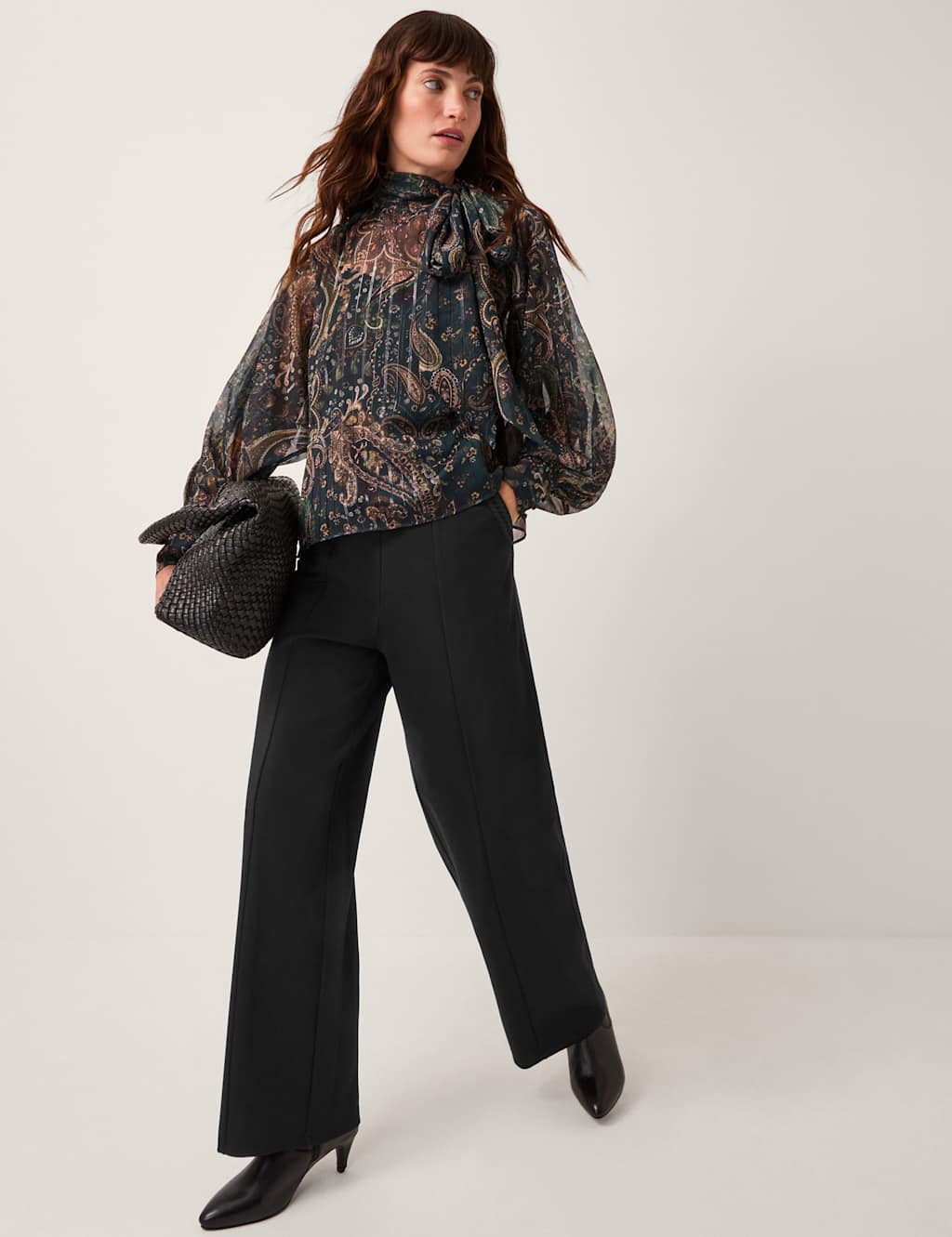 Monsoon Ponte Embroidered Wide Leg Trousers Black
