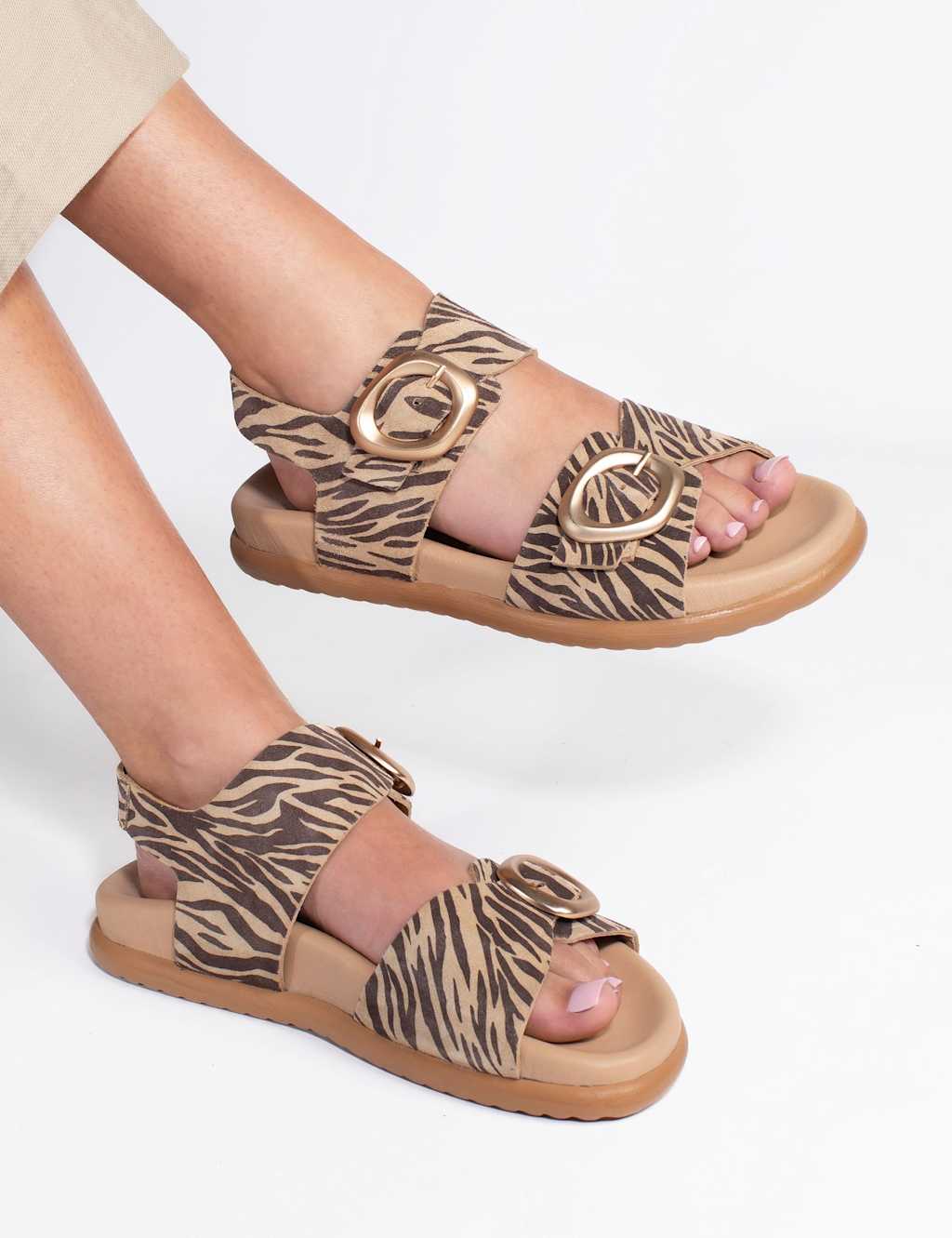 Jones Bootmaker Women's Leather Zebra Buckle Flatform Slingback Sandals - 4 - Brown Mix - Available at M&S