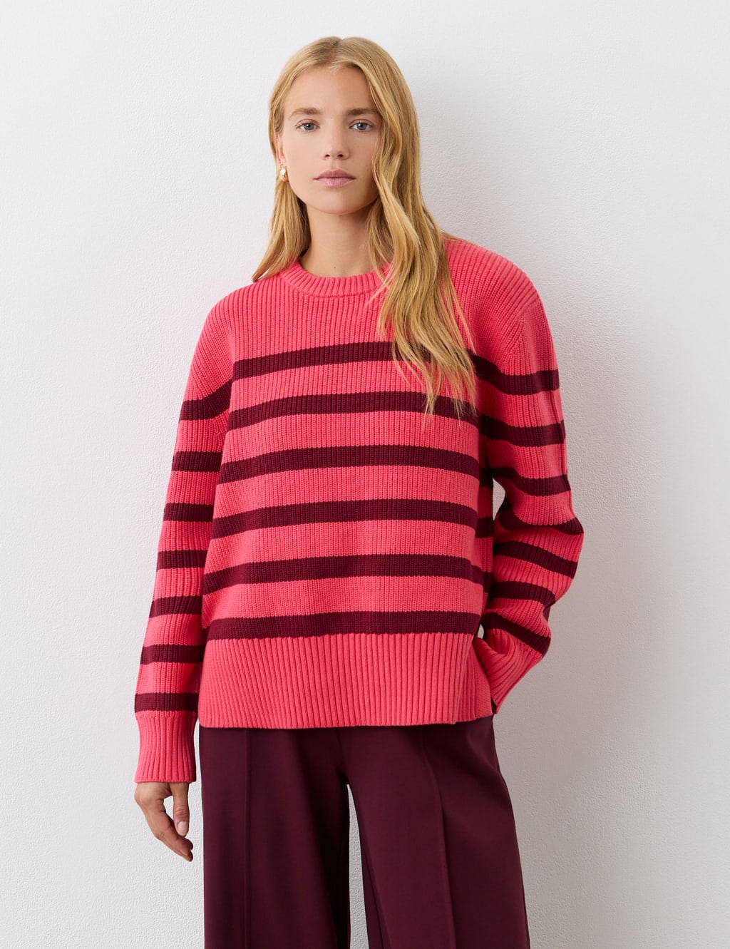 Cotton Rich Striped Ribbed Crew Neck Jumper