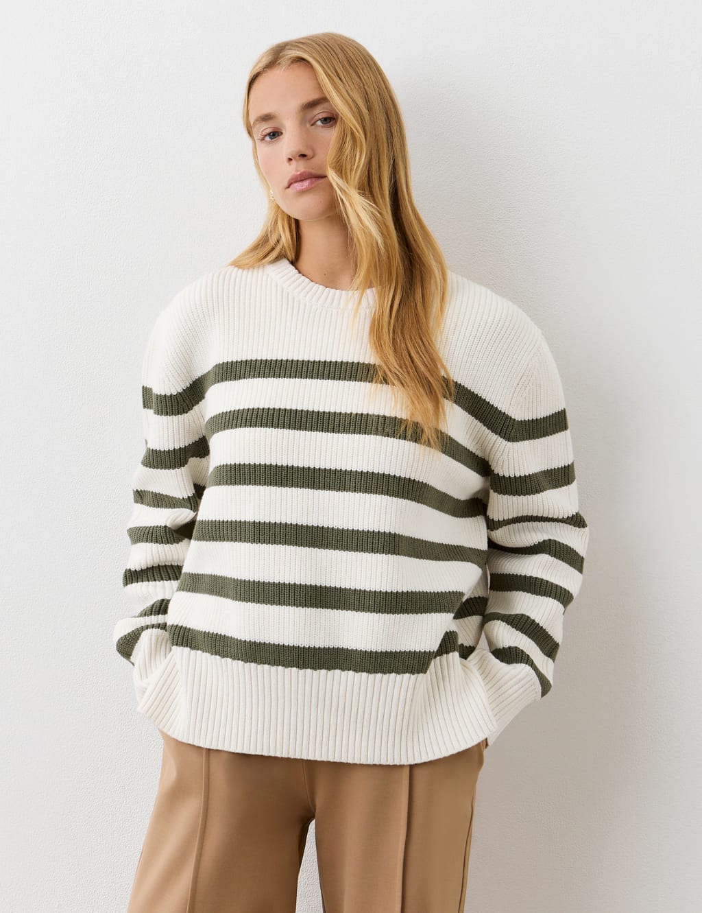 Cotton Rich Striped Ribbed Crew Neck Jumper