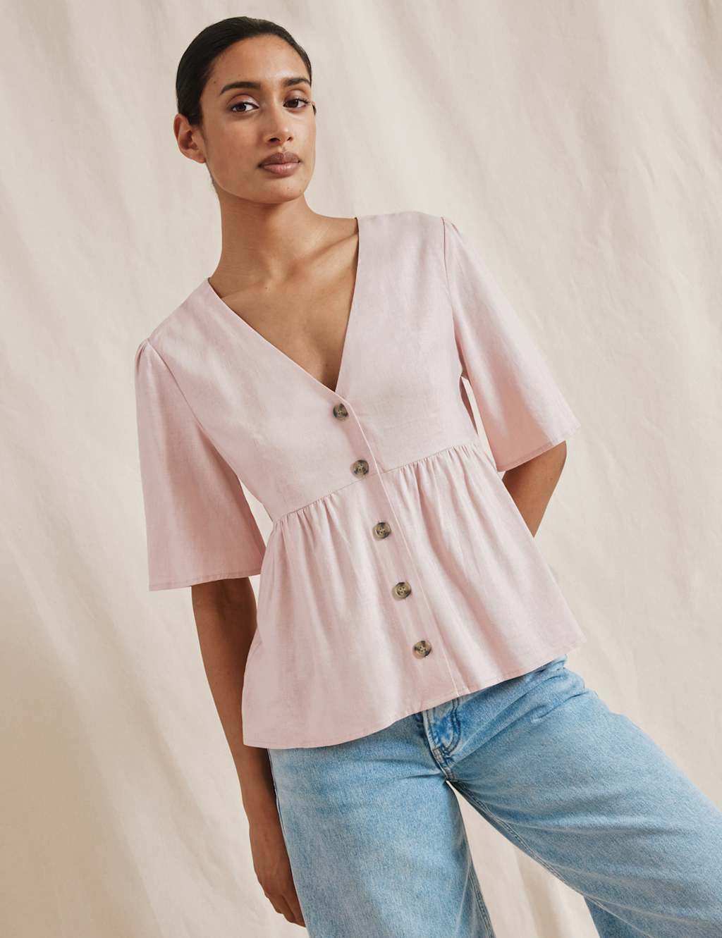 Linen Blend V-Neck Button Through Peplum Top