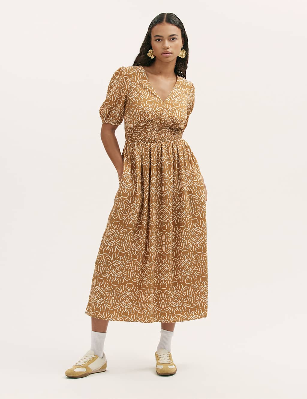Finery London Women's Printed V-Neck Midi Smock Dress - 20 - Brown Mix - Available at M&S