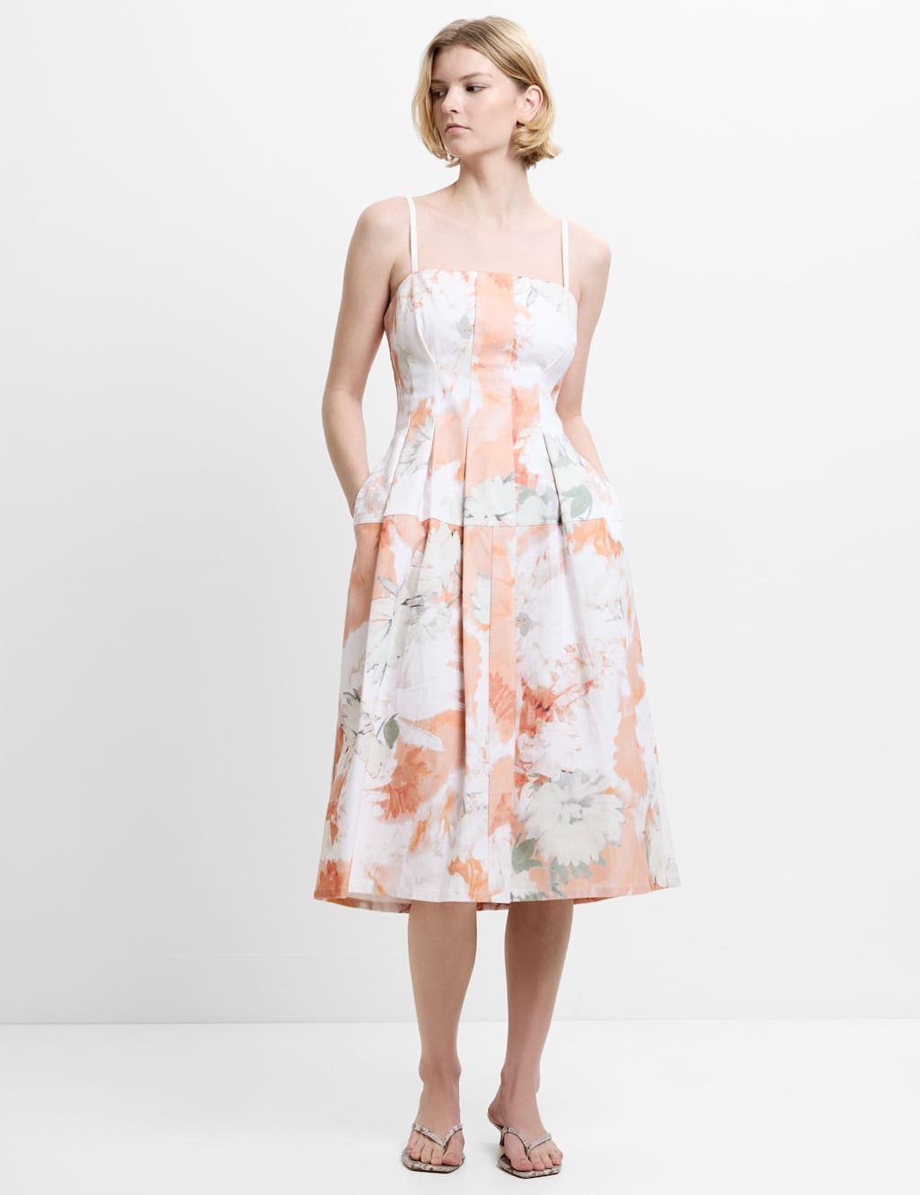 French Connection Women's Denim Floral Square Neck Midi Skater Dress - 12 - Orange Mix - Available at M&S