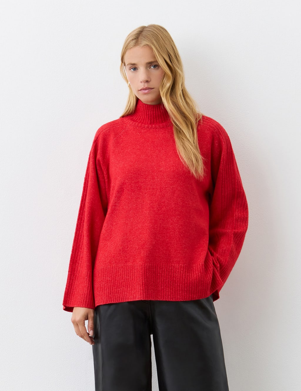 Roll Neck Ribbed Sleeve Jumper with Wool