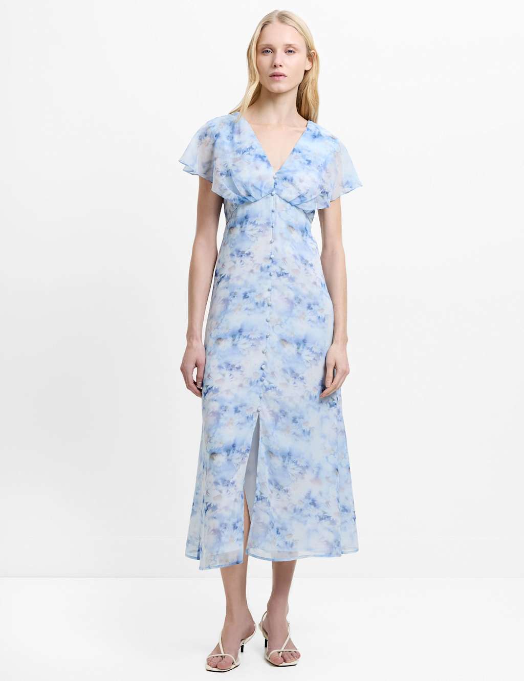 French Connection Women's Floral V-Neck Midi Tea Dress - 14 - Blue Mix - Available at M&S