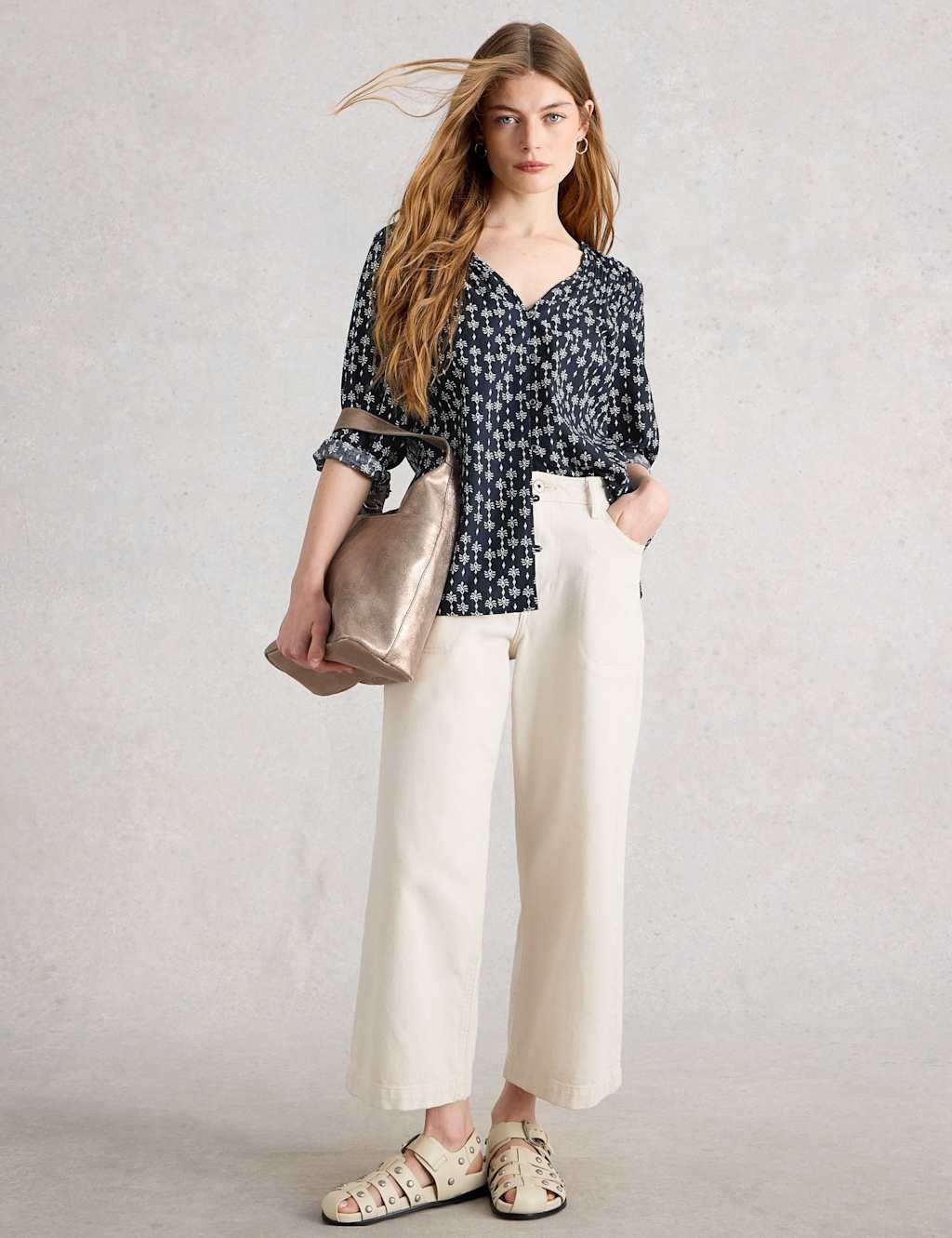 White Stuff Pure Cotton Floral Top Navy Mix