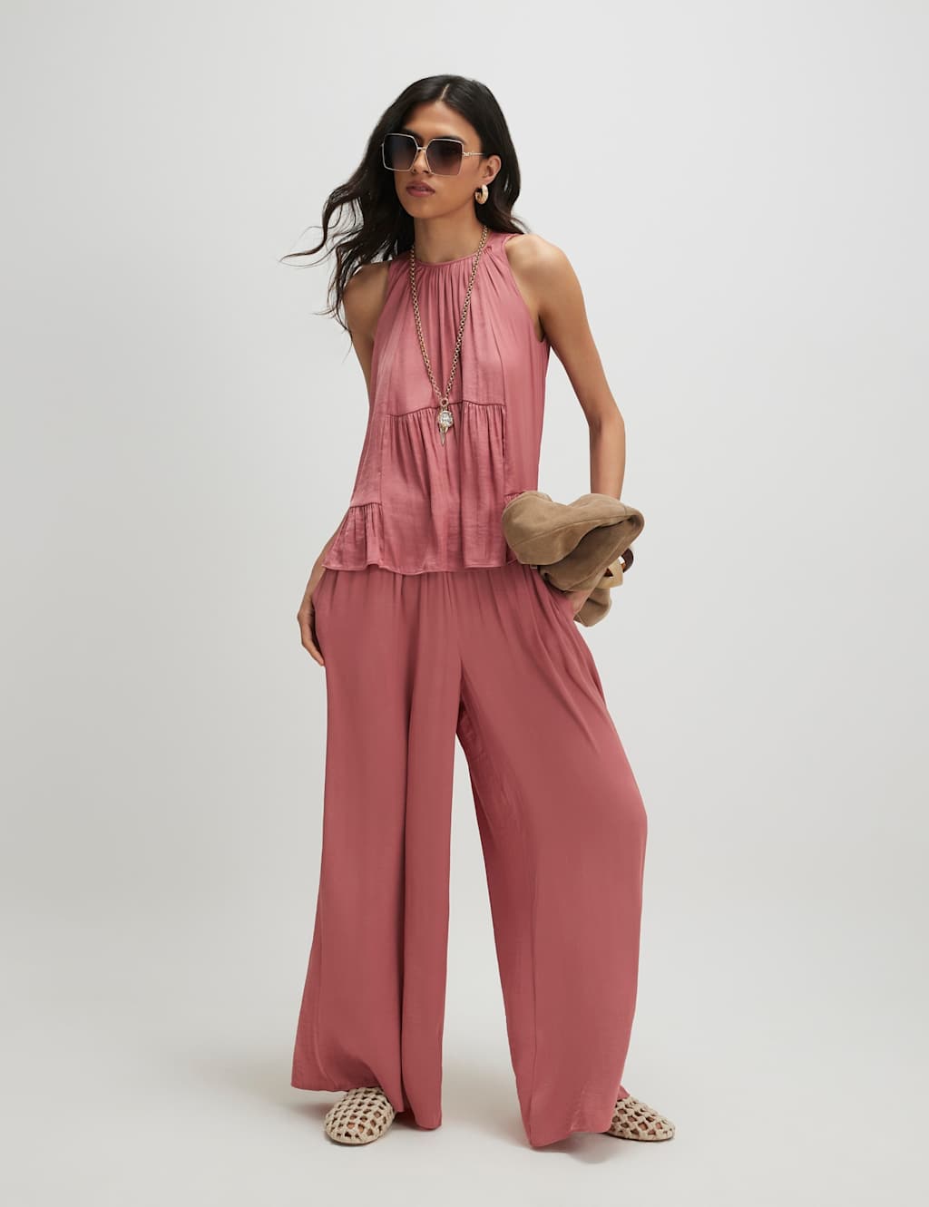 River Island Women's Elasticated Waist Wide Leg Trousers - Small - Pink - Available at M&S