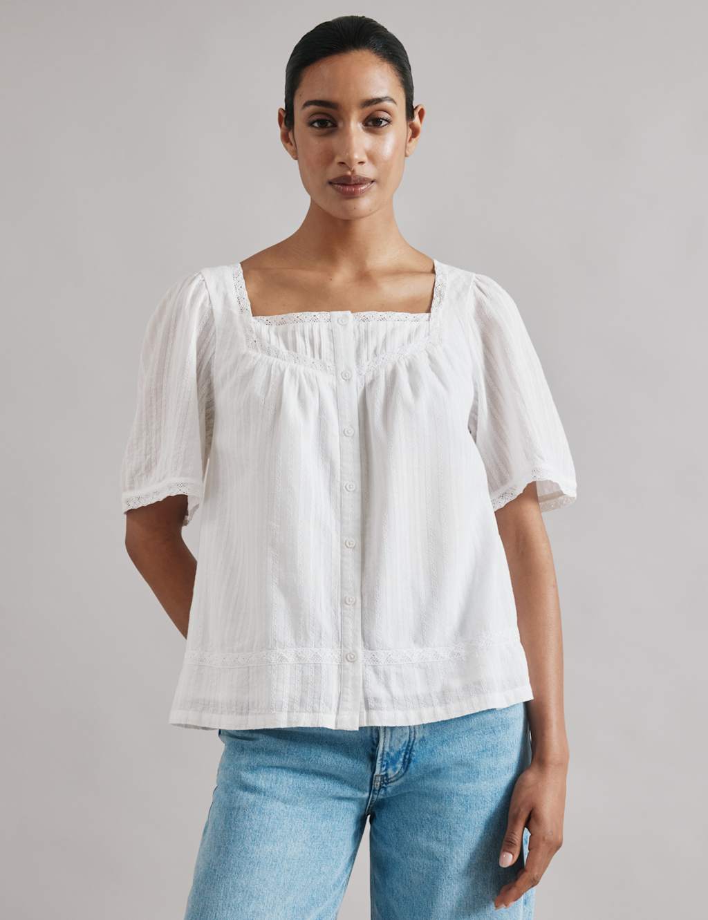 Pure Cotton Square Neck Button Through Blouse