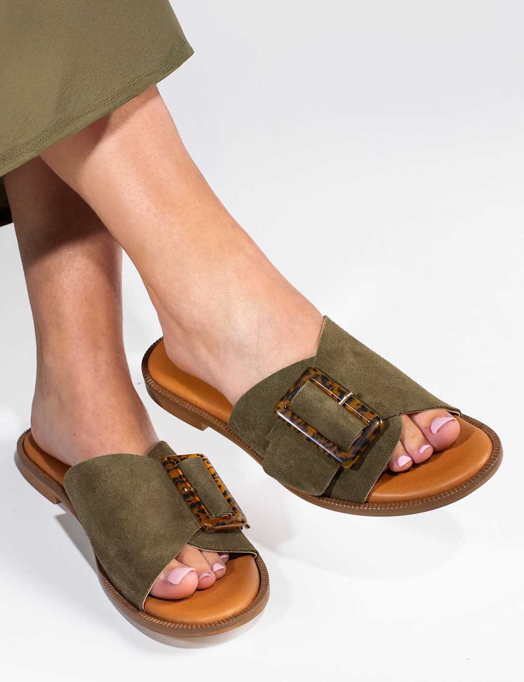 Jones Bootmaker Women's Suede Buckle Flat Mules - 5 - Khaki - Available at M&S