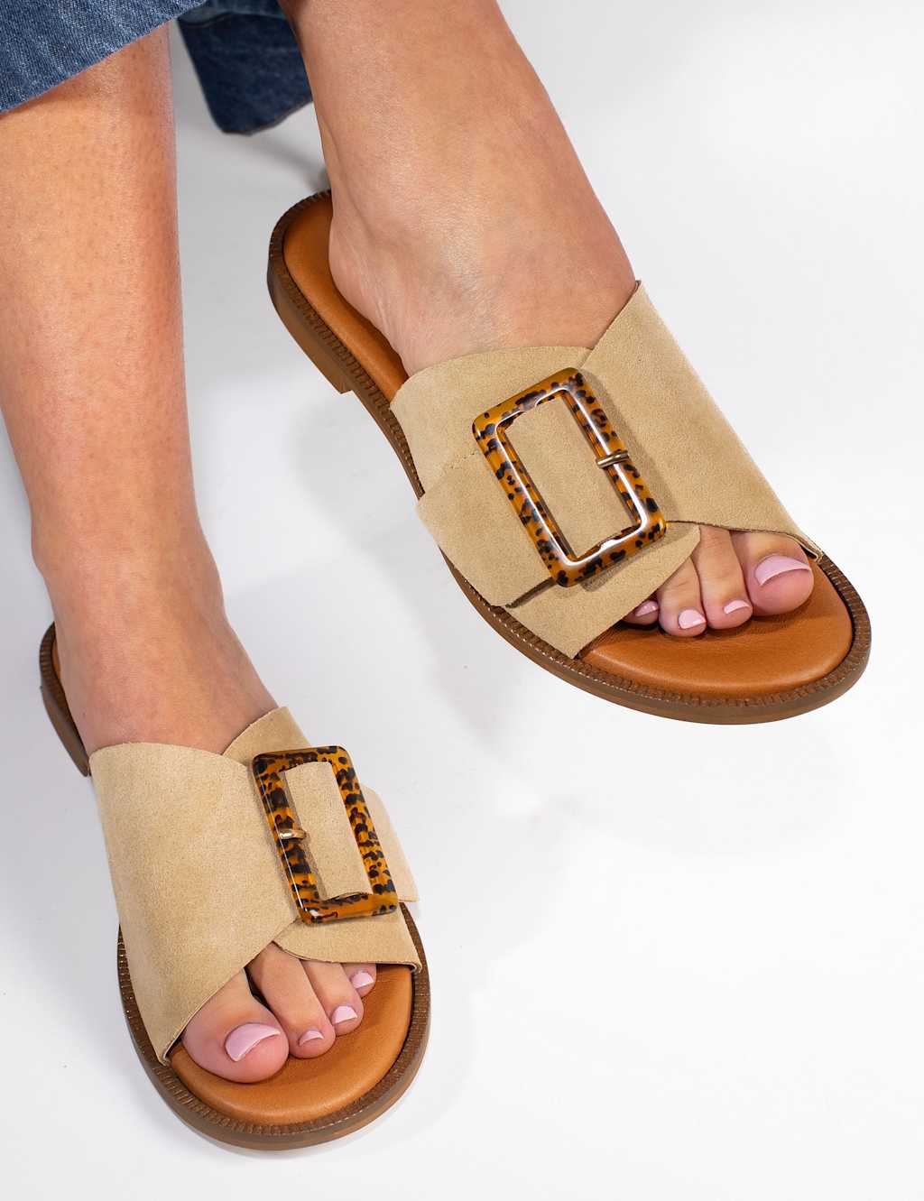 Jones Bootmaker Women's Suede Buckle Flat Mules - 5 - Beige - Available at M&S