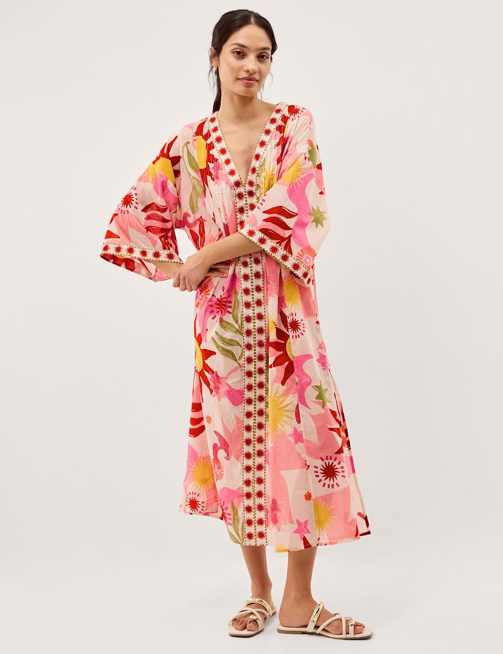 Monsoon Women's Pure Cotton Printed V-Neck Midi Kaftan Dress - Small - Ivory Mix - Available at M&S