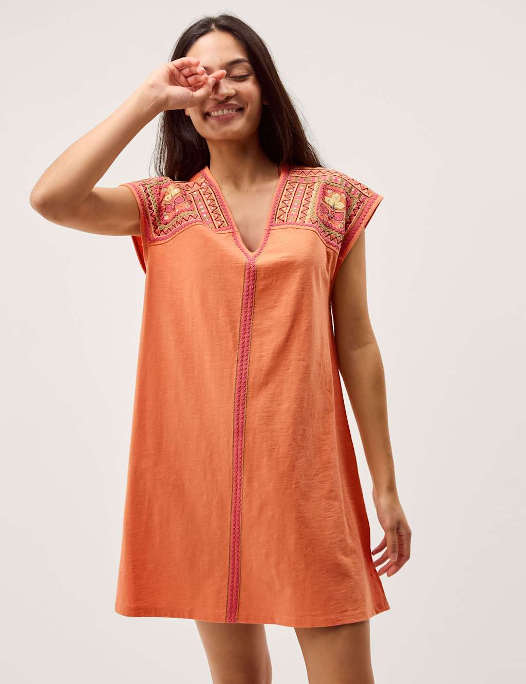 Monsoon Women's Pure Cotton Embroidered Mini Kaftan Dress - Small - Orange - Available at M&S