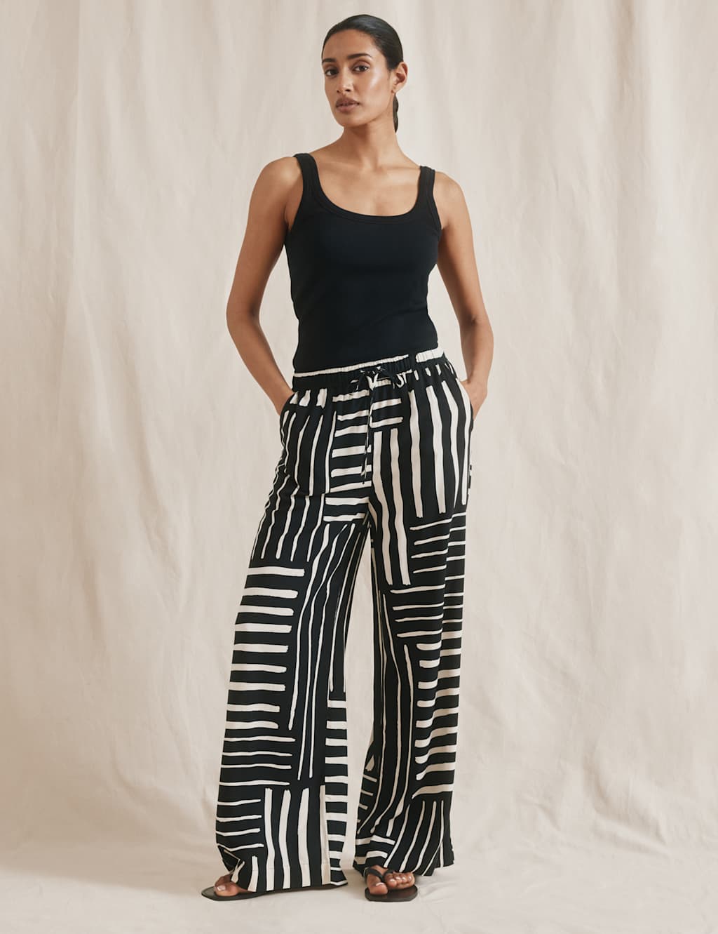 Linen Blend Striped Wide Leg Trousers