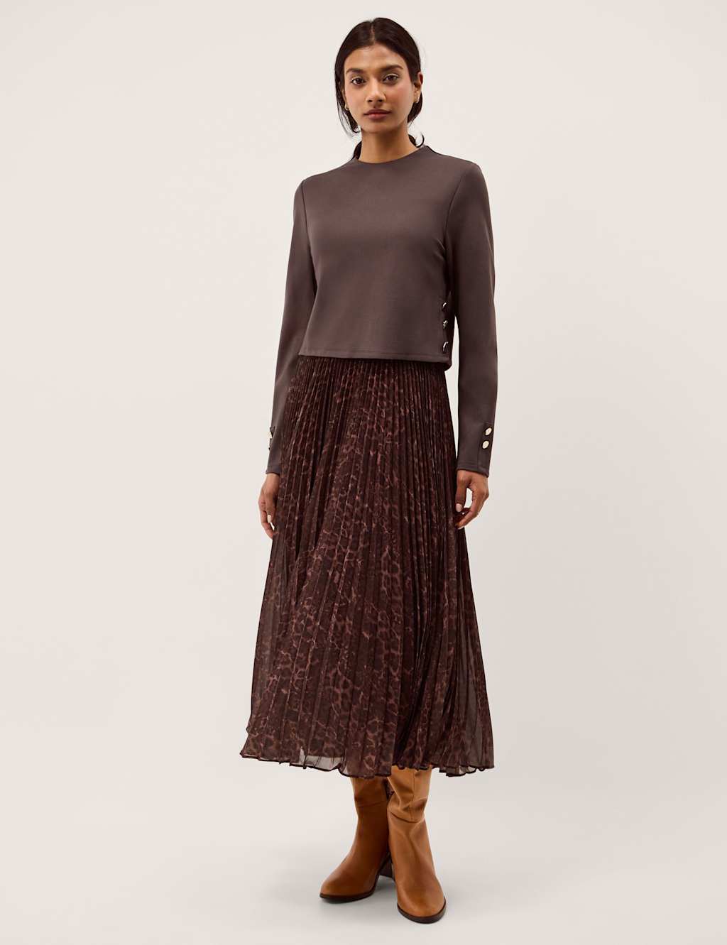 Monsoon Women's Leopard Print Combi Pleated Midi Dress - Large - Chocolate - Available at M&S