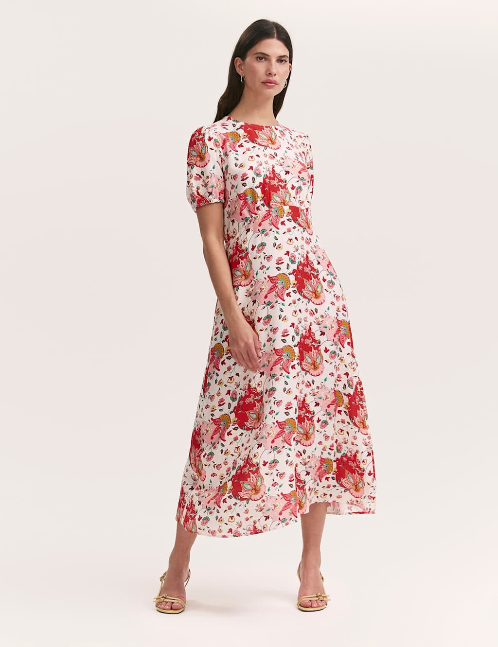 Finery London Women's Floral Puff Sleeve Midi Tea Dress - 14 - Pink Mix - Available at M&S