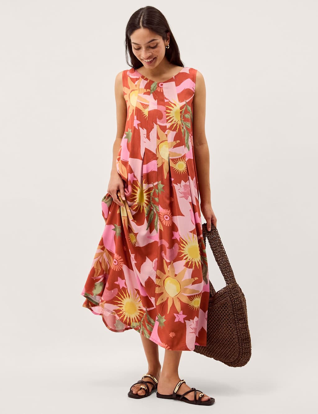Monsoon Women's Printed Scoop Neck Midi Smock Dress - Small - Orange Mix - Available at M&S