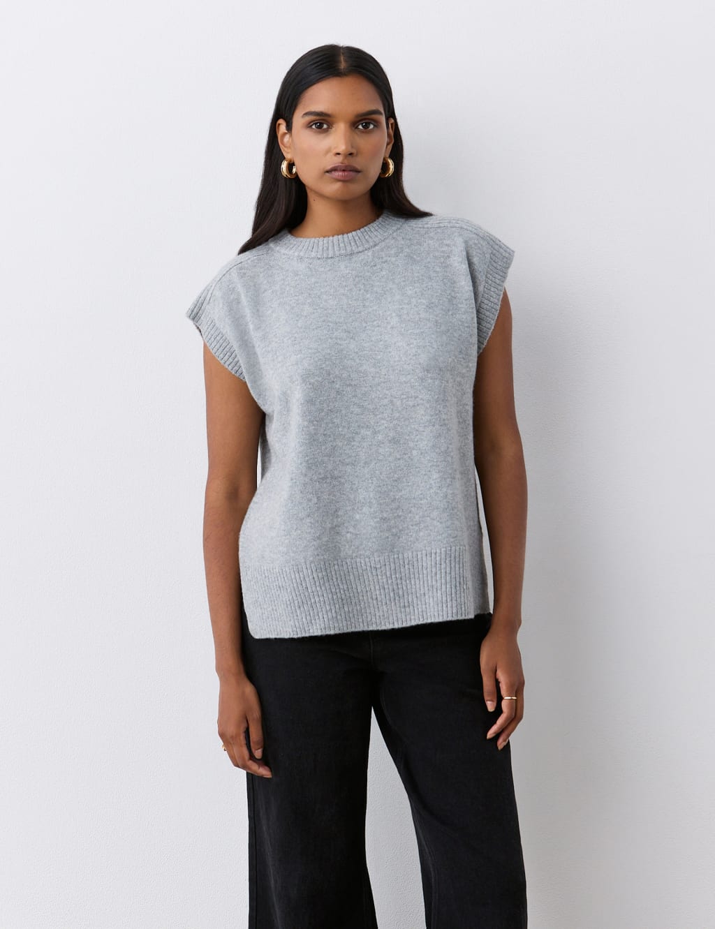 Crew Neck Split Hem Knitted Vest with Wool