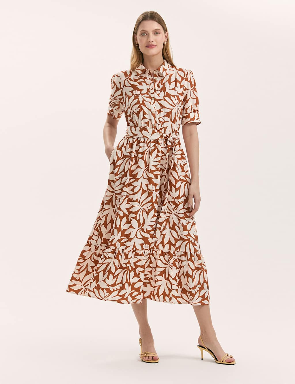 Finery London Women's Leaf Print Midi Shirt Dress - 16 - Brown Mix - Available at M&S
