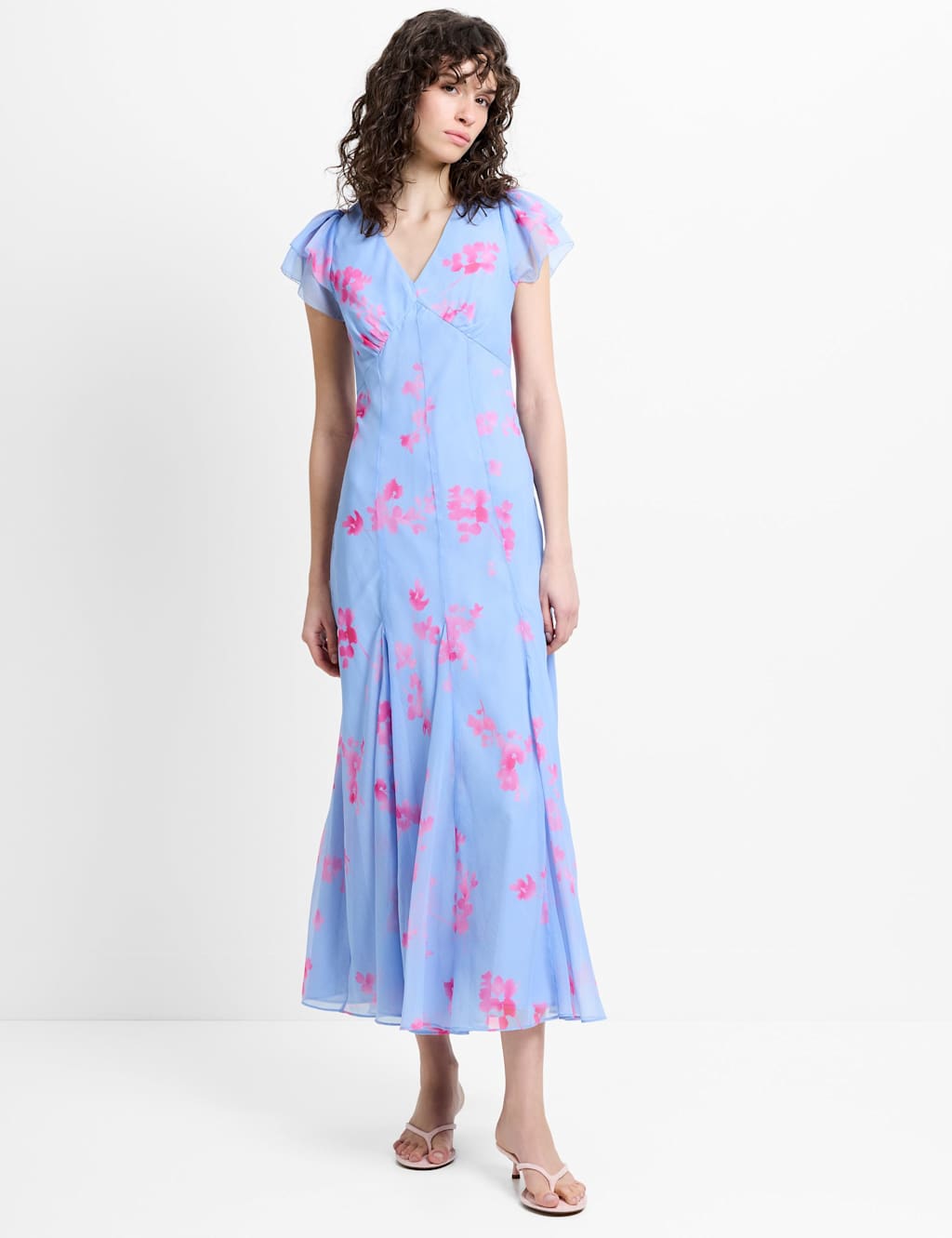 French Connection Women's Chiffon Floral V-Neck Midi Tea Dress - 12 - Blue Mix - Available at M&S