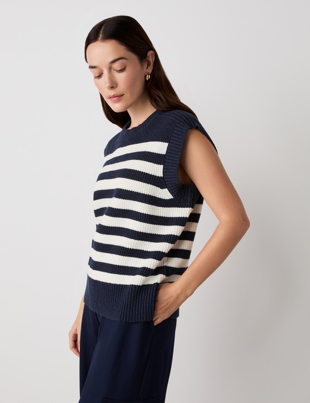 Cotton Rich Striped Split Hem Knitted Vest